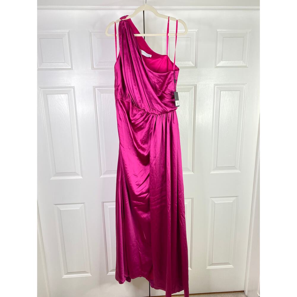 NWT Mac Duggal GATHERED ONE SHOULDER SATIN FAUX WRAP GOWN, Berry,‎ Sz 12, #26654 - Picture 3 of 8